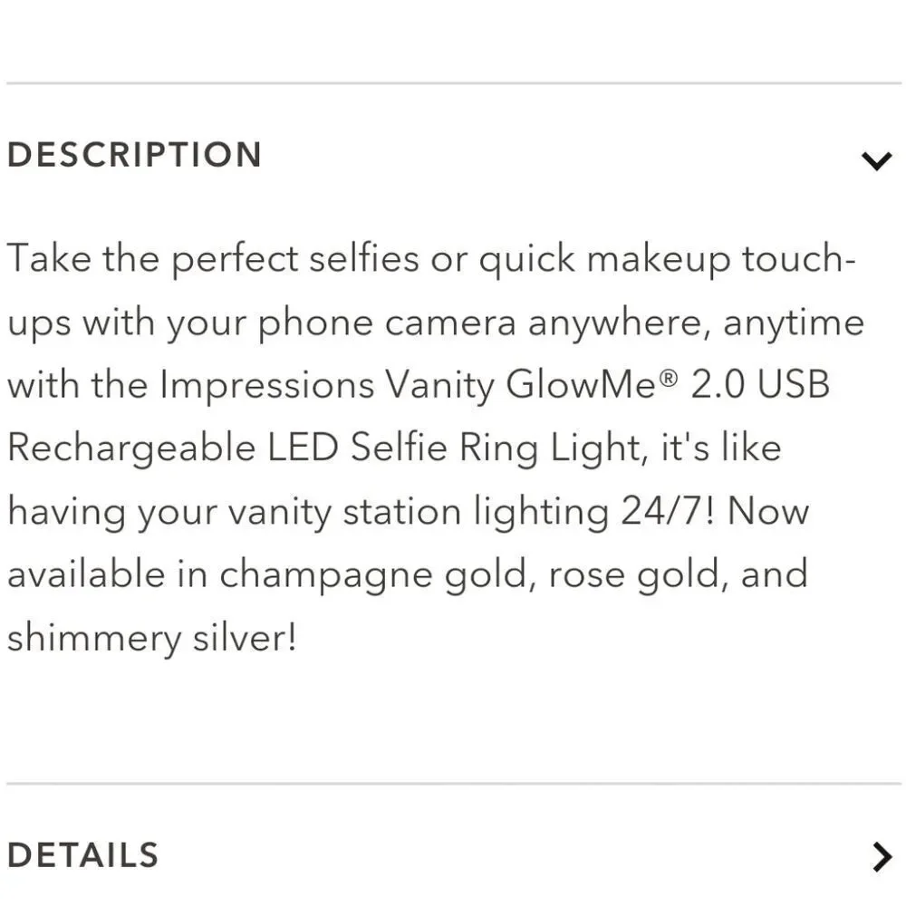 Impressions Glow Me 2.0 LED Selfie Ring Light For Mobile Devices- Silver
